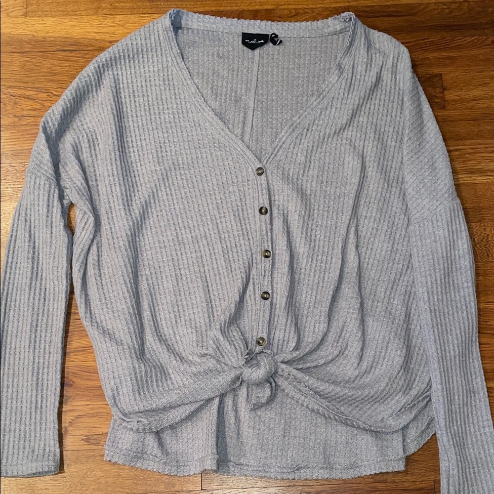 Urban Outfitters Gray Button-Front Waffle Knit Top